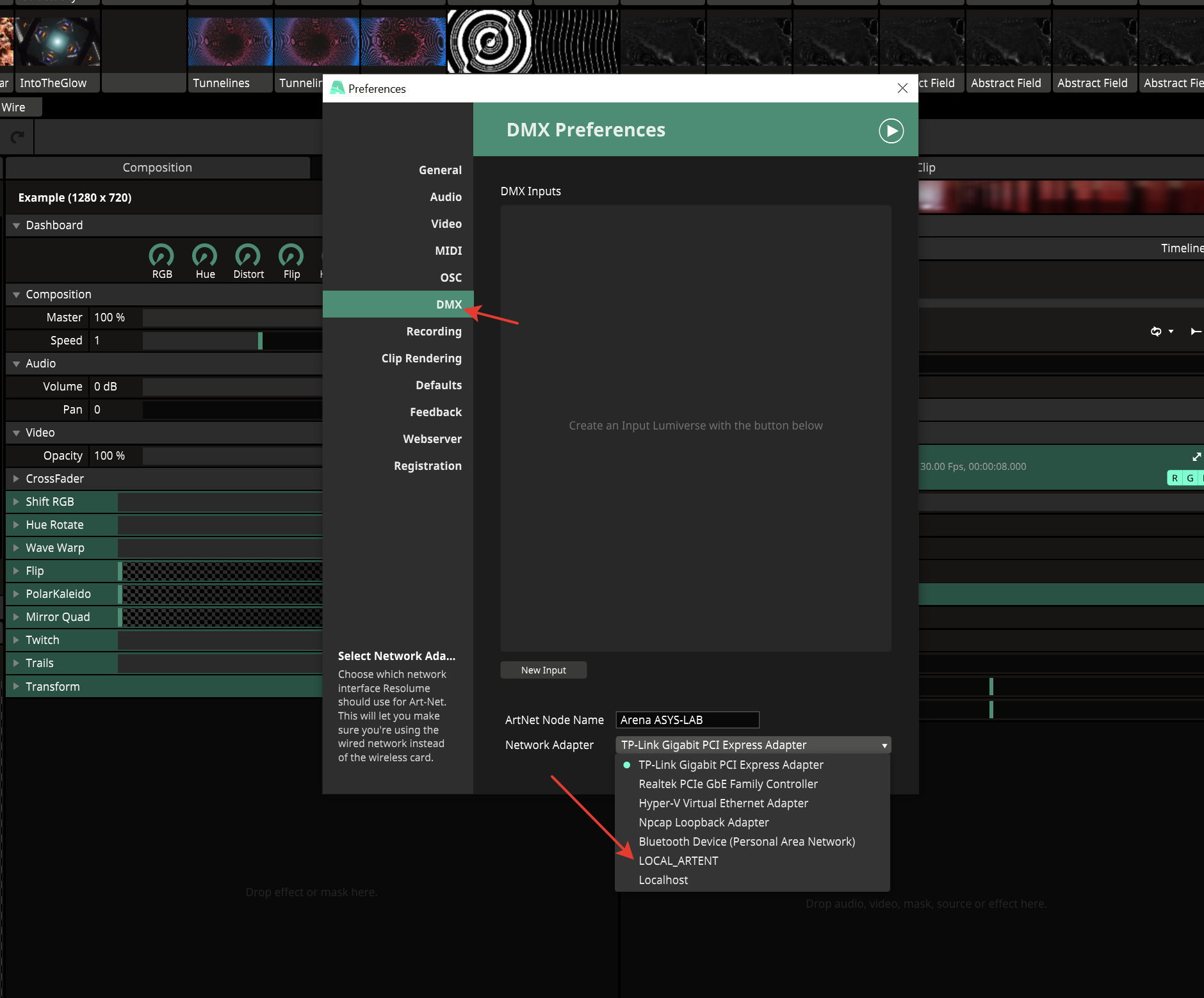 DMX Preferences in Resolume